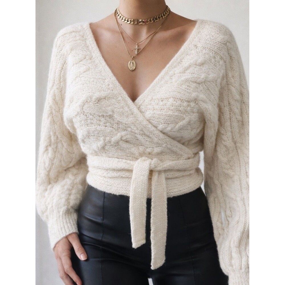 ZARA Cable Knit Wrap Sweater Cream Ivory Alpaca Wool Blend Tie Waist Size S